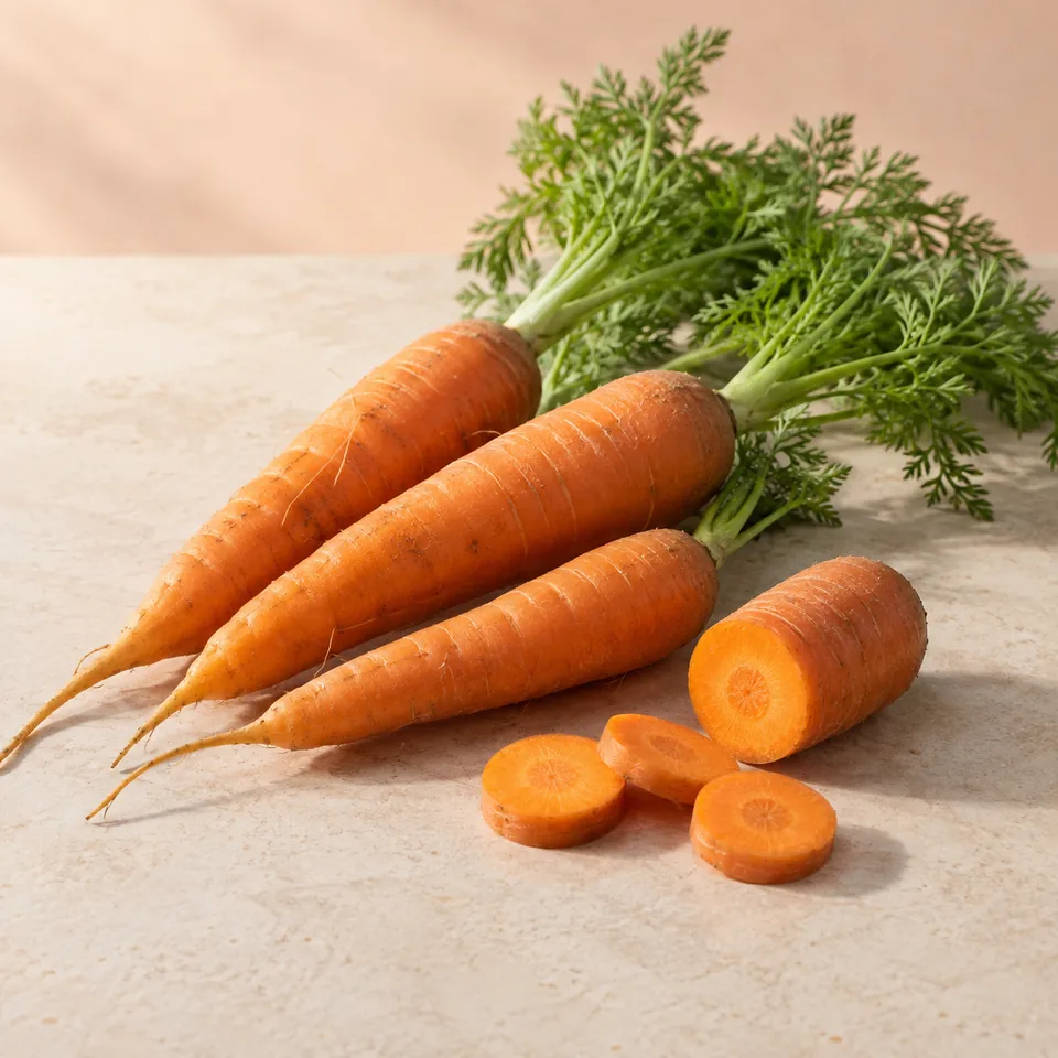Zanahorias frescas con hojas y rodajas sobre una superficie clara.