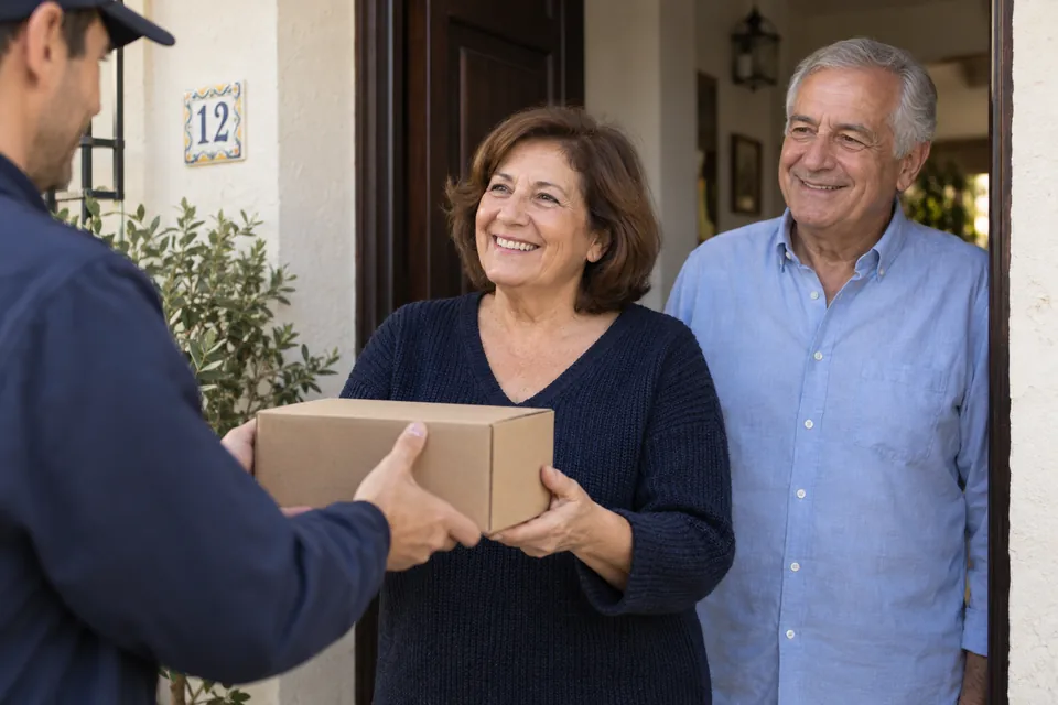 Pareja adulta recibiendo una caja de cartón en la puerta de casa.