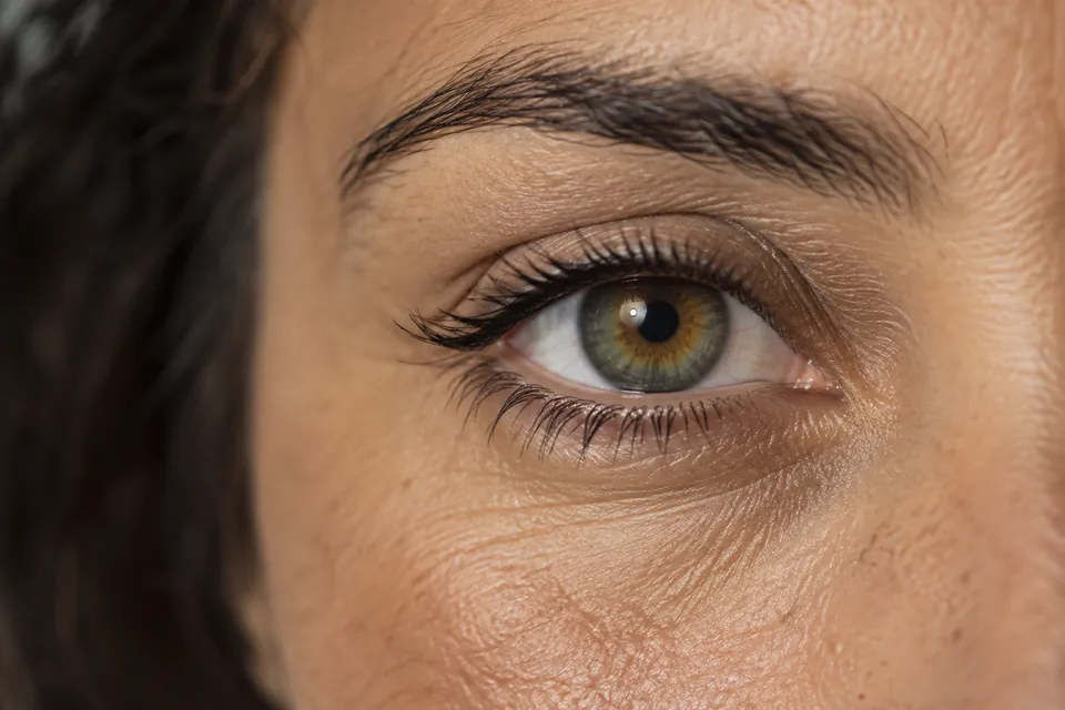 Primer plano de un ojo adulto con iris verde avellana.