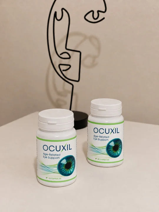 Dos envases originales de Ocuxil en una mesa junto a una escultura de un rostro